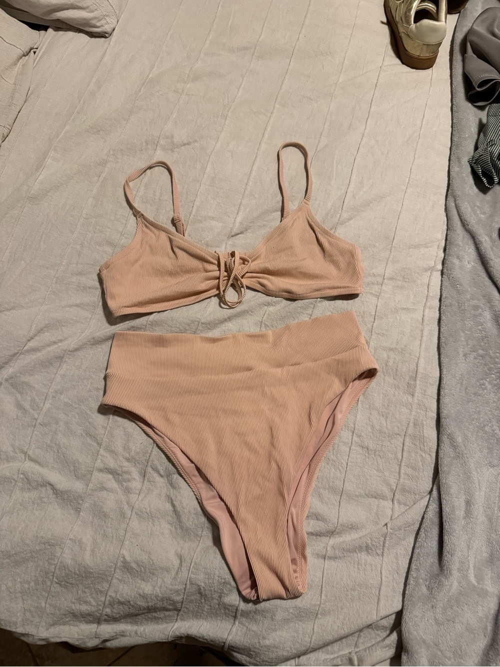 aerie Ribbed High-Waist Bikini Set in Blush Pink